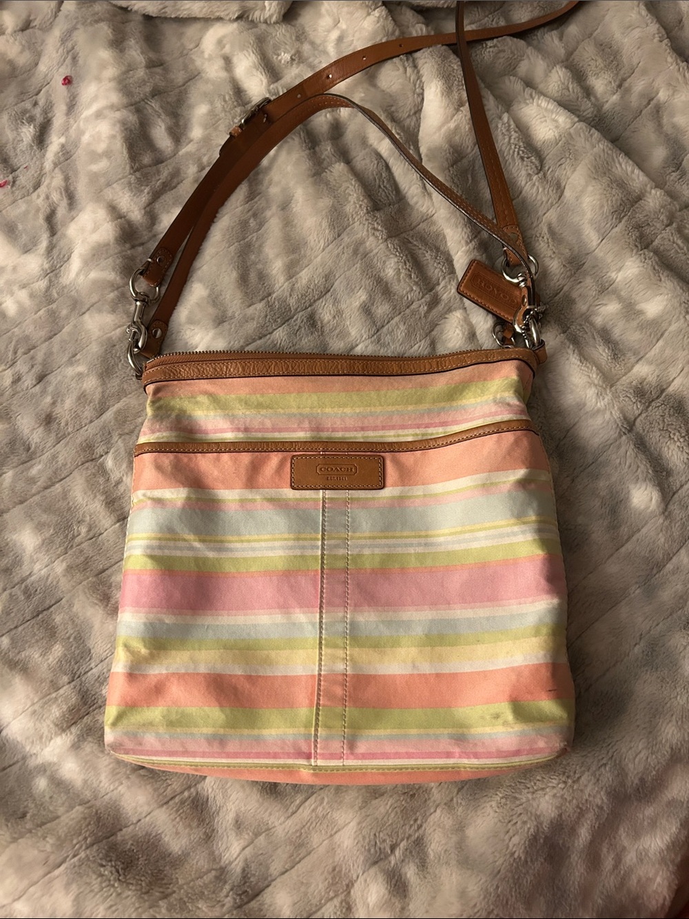 Coach Pastel Striped Canvas Crossbody with Tan Leather Trim